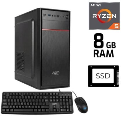 Desktop PC bundle: black tower with keyboard and mouse, showing Ryzen 5, 8GB RAM, and SSD icons (no monitor)