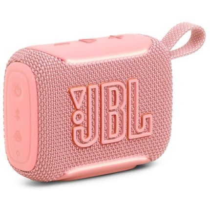 Pink JBL portable Bluetooth speaker with fabric cover, top controls, and a loop strap on white background.