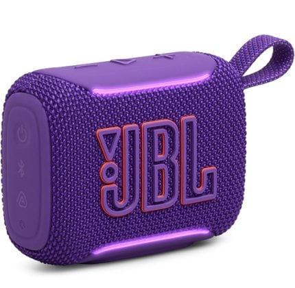 Purple JBL portable Bluetooth speaker with fabric cover and loop handle, ready for wireless music playback.