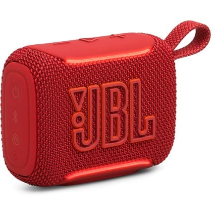 Red JBL portable Bluetooth speaker with a braided fabric cover and loop handle, shown from the side.