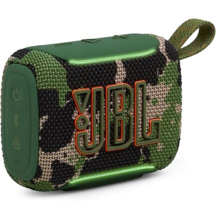 Camouflage-pattern JBL portable Bluetooth speaker in green and black with orange JBL logo and strap loop.”,