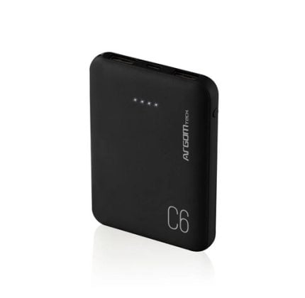 Black rectangular portable power bank with four LED status lights and the model label 'C6' visible on a white reflective background.