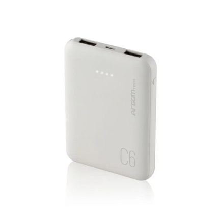 White portable power bank with two USB ports on top, four LED indicators showing charge level, and a subtle C6 label.