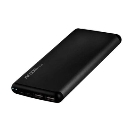 Black portable power bank with three USB-A ports on one end and LED indicators, designed for charging devices on the go