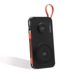 Black portable wireless charger/power bank with a red lanyard, orange side buttons, and a circular wireless charging pad on the front.