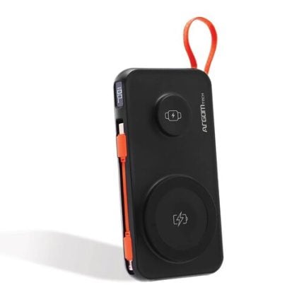 Black portable wireless charger/power bank with a red lanyard, orange side buttons, and a circular wireless charging pad on the front.