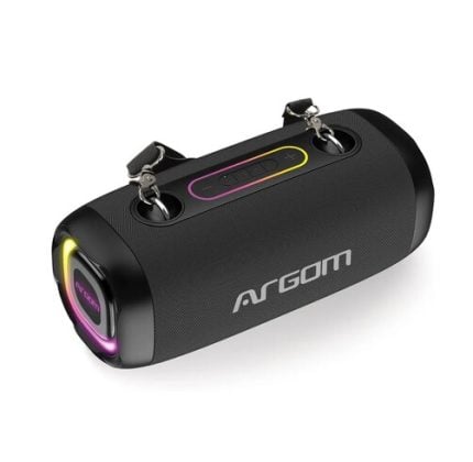Argom portable Bluetooth speaker in black with LED-lit end caps and a top control panel marked with colorful buttons