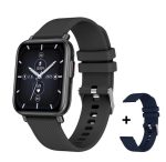 Black square-faced smartwatch with a textured black band and an extra navy blue strap shown on the side, highlighting interchangeable bands.