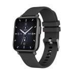 Square-faced smartwatch with a black textured band displaying time and fitness metrics (steps, heart rate) on the screen.