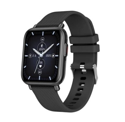 Square-faced smartwatch with a black textured band displaying time and fitness metrics (steps, heart rate) on the screen.