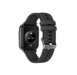Black smartwatch with a perforated silicone band, back view showing sensors and charging contacts.