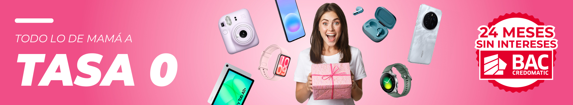 Promo banner: smiling woman holding a pink gift box with various electronics floating around; promotes 0% financing and 24 meses sin intereses.