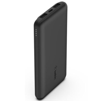 Black portable power bank standing upright with USB ports on top and four LED indicator lights visible on the side; a slim external battery for charging devices.