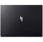 Closed black laptop with a small iridescent M-shaped logo centered on the lid