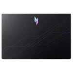 Closed black laptop with an iridescent M logo on the lid and subtle diagonal circuit-pattern lines.
