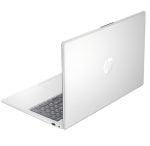 Silver HP laptop partially open, angled to display the keyboard and trackpad on a white background.