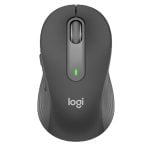 Logitech wireless mouse in dark gray with textured sides, centered scroll wheel and a small green LED indicator.
