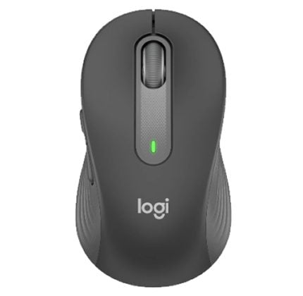 Logitech wireless mouse in dark gray with textured sides, centered scroll wheel and a small green LED indicator.