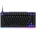 Wired gaming keyboard with black keys and purple–pink RGB lighting along the edges