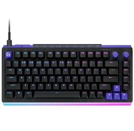 Wired gaming keyboard with black keys and purple–pink RGB lighting along the edges