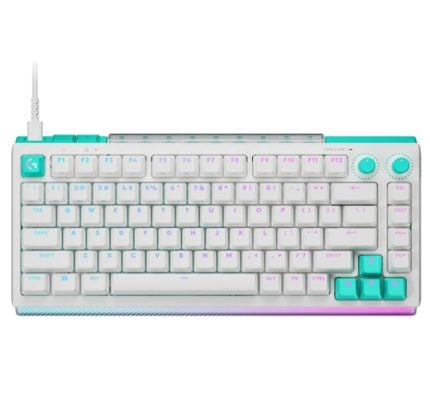 White mechanical keyboard with cyan/pink backlighting, turquoise arrow keys, and two top-right knobs; USB cable on the left.