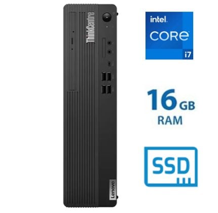 Lenovo ThinkCentre small form factor desktop standing upright with Intel Core i7 badge and 16 GB RAM + SSD