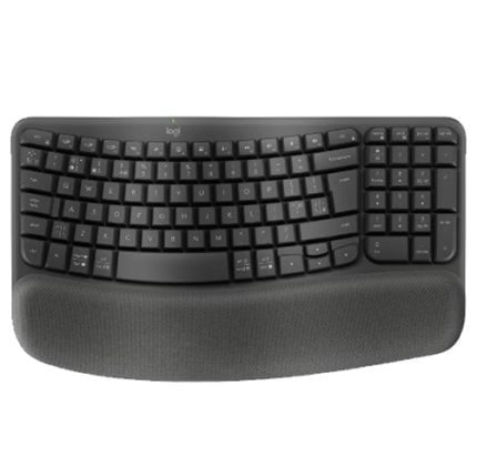 Ergonomic, curved keyboards with a cushioned wrist rest and a dark finish, brand logo visible on top center.