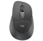Top view of a gray Logitech wireless mouse with scroll wheel and a green status light