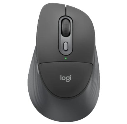 Top view of a gray Logitech wireless mouse with scroll wheel and a green status light