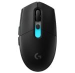 Top view of a matte black gaming mouse with a cyan-lit scroll wheel area and G logo