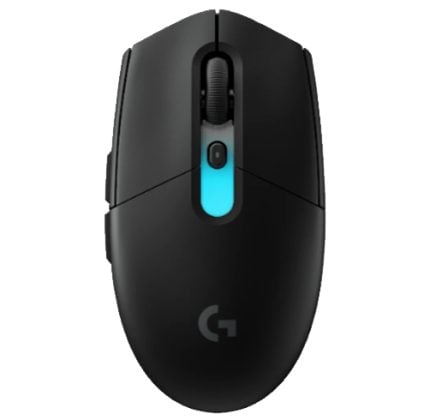 Top view of a matte black gaming mouse with a cyan-lit scroll wheel area and G logo