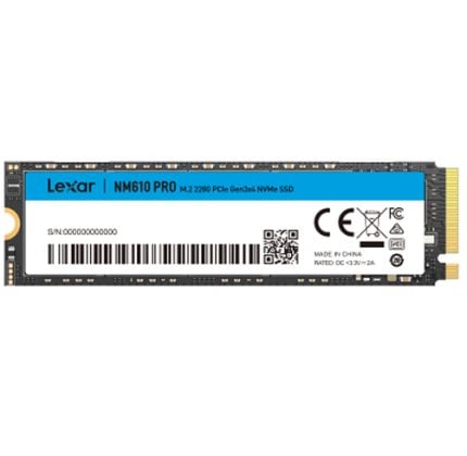 Lexar NM610 Pro M.2 NVMe SSD module with blue label and barcode on a black PCB edge connector ready for installation