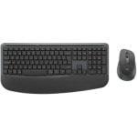 Black wireless keyboard with a padded palm rest and a matching wireless mouse on the side.