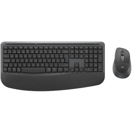 Black wireless keyboard with a padded palm rest and a matching wireless mouse on the side.
