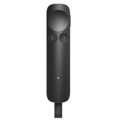 Wireless media remote with a circular navigation wheel, left/right buttons, and a USB receiver dangling below
