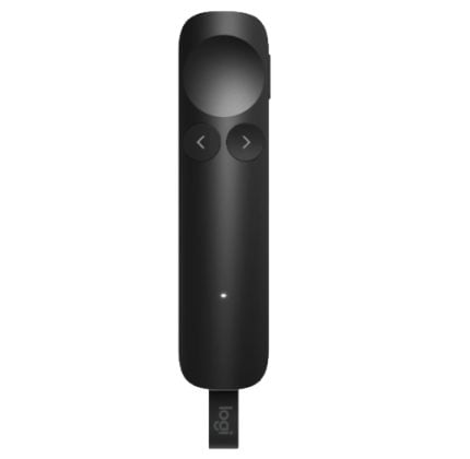Black wireless presentation remote with circular top touchpad, two arrow buttons for previous/next, and a USB receiver labeled logi.