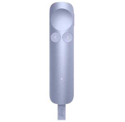 Purple wireless presenter remote with a circular wheel at the top and two arrow buttons, USB receiver attached.