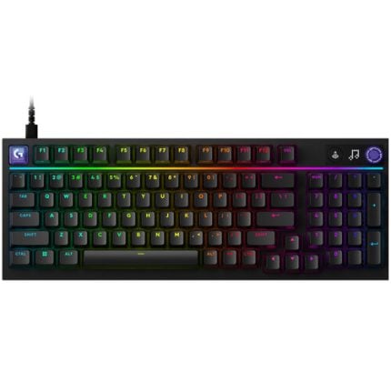 Full-size wired mechanical keyboard with rainbow RGB backlighting and a black frame with a USB cable visible at the top-left corner.