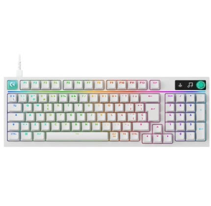 White wired gaming keyboard with rainbow RGB backlighting and full numeric keypad