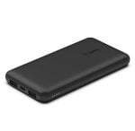 Black Belkin portable power bank seen from an angled side view, showing USB-C and USB-A ports and four LED indicators