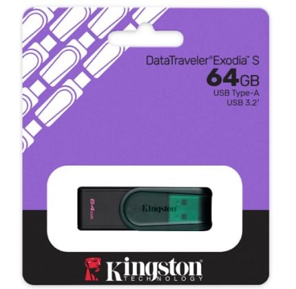 Kingston DataTraveler Exodia USB 3.2 64GB packaging with a black and green USB drive displayed in a white window on a purple-black background.