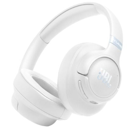 White JBL wireless over-ear headphones shown at a slight angle, all-white with a subtle blue JBL badge edge.
