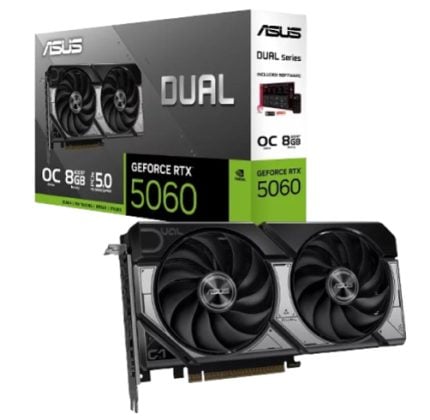 ASUS Dual GeForce RTX 5060 graphics card with two cooling fans next to its packaging.
