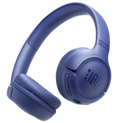 Blue JBL over-ear wireless headphones with padded cups, shown in a three-quarter view.