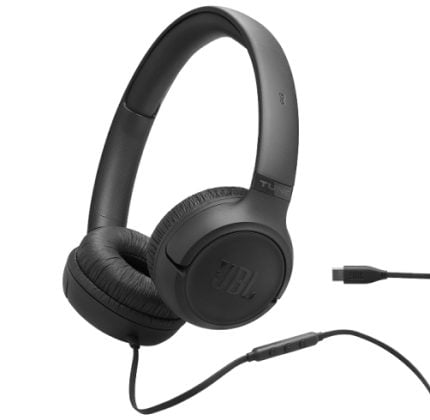 Black over-ear JBL headphones with cushioned ear cups and inline volume control on the wired cable.