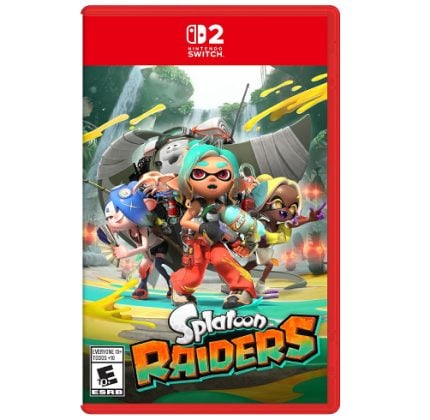 Nintendo Switch game case for Splatoon Raiders, featuring colorful Inkling characters in action on a vivid tropical battlefield; ESRB E10+.