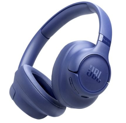 Blue JBL over-ear wireless headphones with cushioned ear cups and adjustable headband
