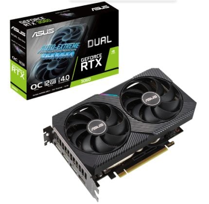 ASUS Dual GeForce RTX 3060 graphics card with two large cooling fans beside its box.