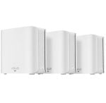 Three white ASUS desktop speakers lined up in a row.
