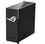 Black Republic of Gamers desktop tower with side vent pattern, ROG logo on the front, and a silver belt-like strap around the middle.